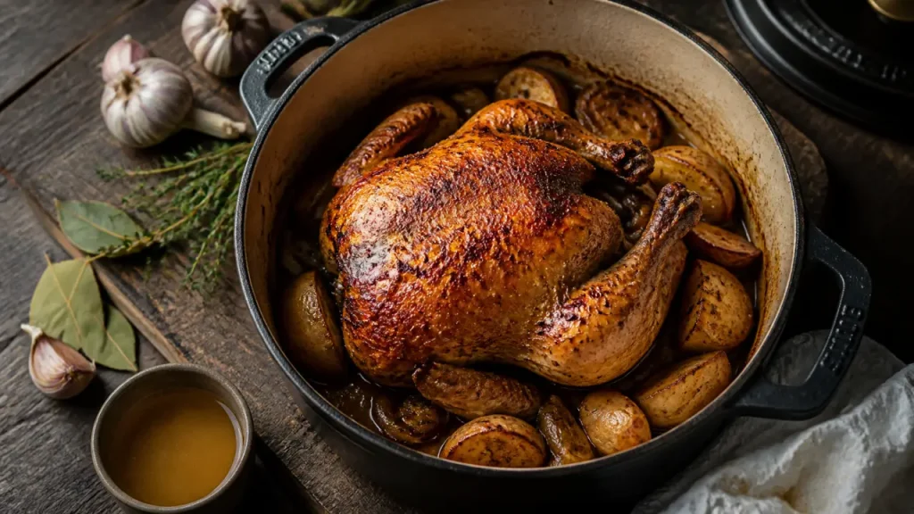 Poulet au four en cocotte fermée : 200°C, bouillon et viande moelleuse