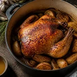 Poulet au four cocotte fermée, bouillon et poulet doré