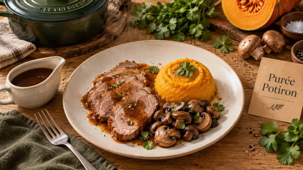 Accompagnement du rôti de veau : purée généreuse ou légumes rôtis selon le jus