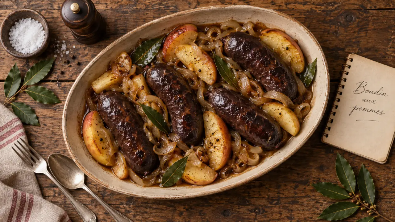 Boudin au pomme au four, pommes dorées et laurier