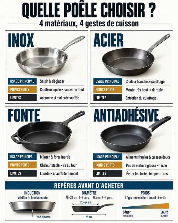 Infographie pour savoir quel poêle choisir selon le matériau et le type de cuisson