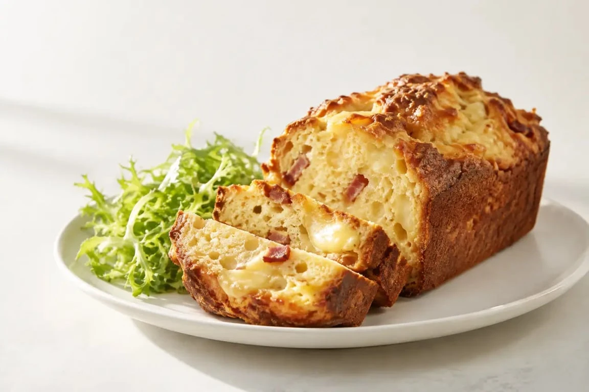 Cake au reblochon moelleux aux lardons servi avec une salade