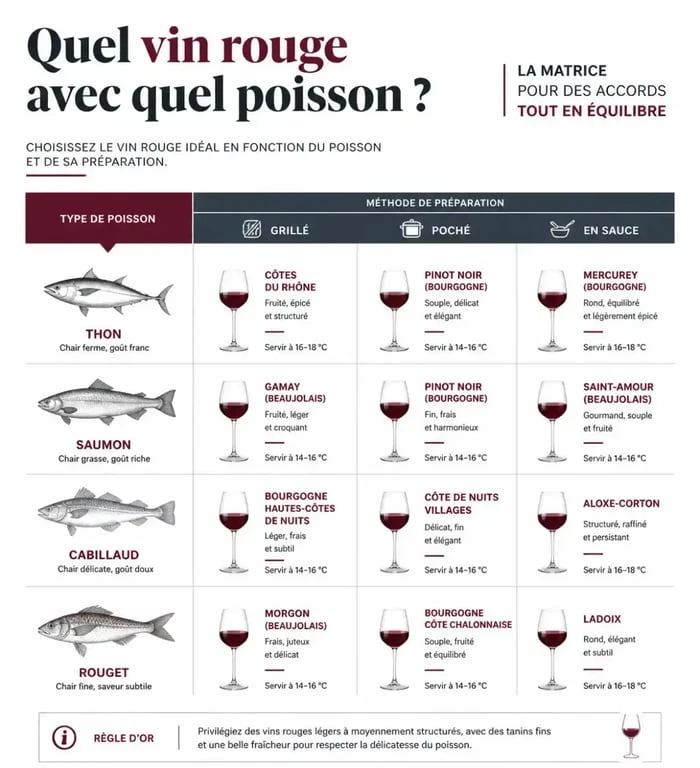 Tableau accord poisson et vin rouge selon cuisson et sauce