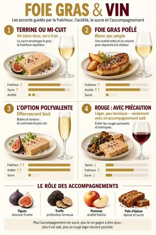 Infographie foie gras vin : accords selon la préparation et les accompagnements