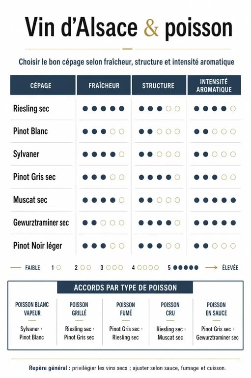 Quel vin d’Alsace avec du poisson : infographie des cépages et accords