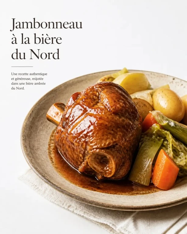 Jambonneau à la bière du Nord servi avec sauce brune et légumes dans une assiette rustique