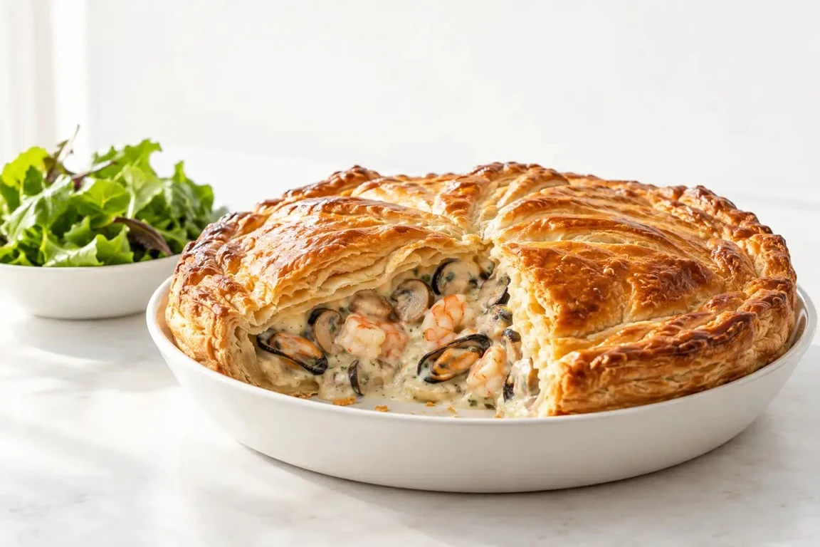 Tourte aux fruits de mer dorée et garnie de crevettes et champignons