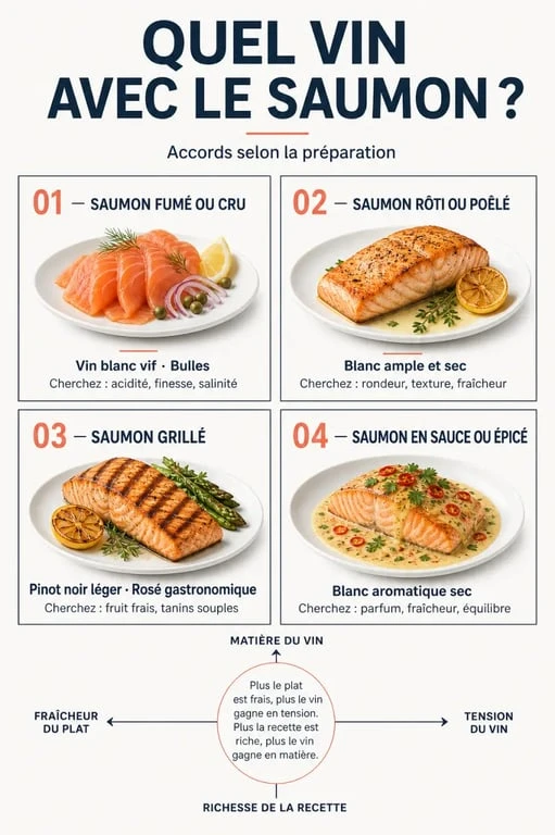 Infographie quel vin avec saumon selon la préparation, la sauce et la cuisson