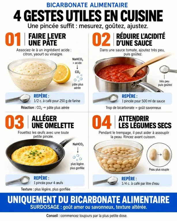 Infographie sur le bicarbonate dans la cuisine : usages, dosages et précautions
