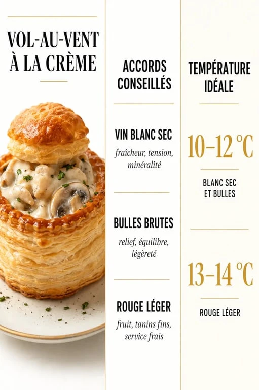 Quel vin servir avec un vol-au-vent : visuel éditorial résumant les accords avec vin blanc sec, bulles brutes et rouge léger