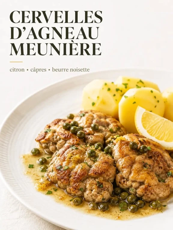 Cervelles d'agneau meunière au citron et câpres servies sur une assiette blanche