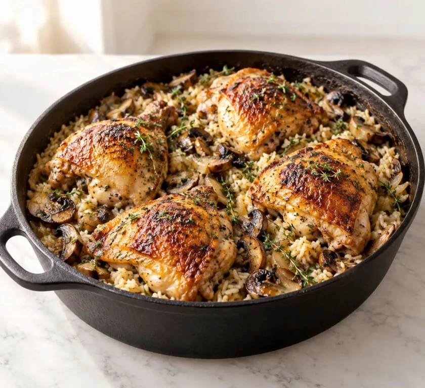 Riz au four au poulet avec cuisses dorées et riz moelleux aux champignons