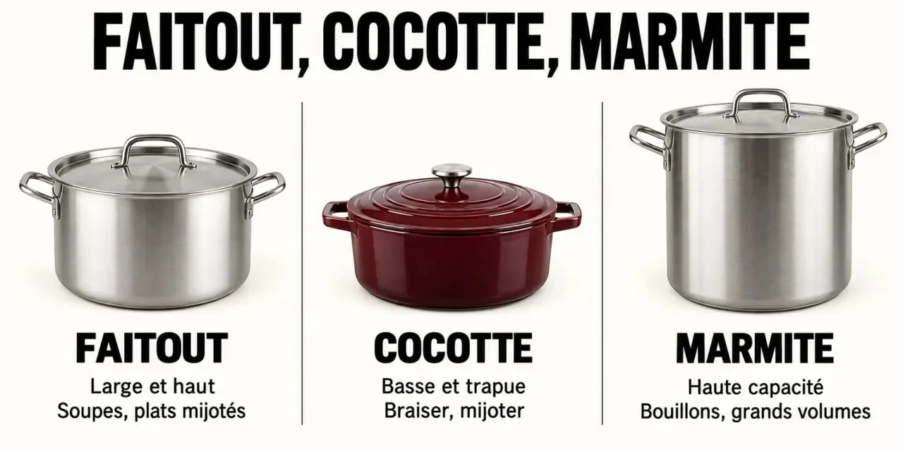 Comparaison visuelle d’un faitout cuisine, d’une cocotte et d’une marmite selon leur forme et leur usage