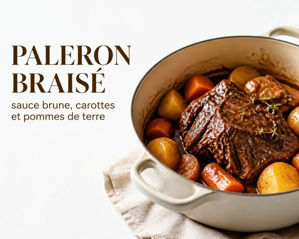 Paleron de boeuf à braiser servi en cocotte avec légumes et sauce fondante