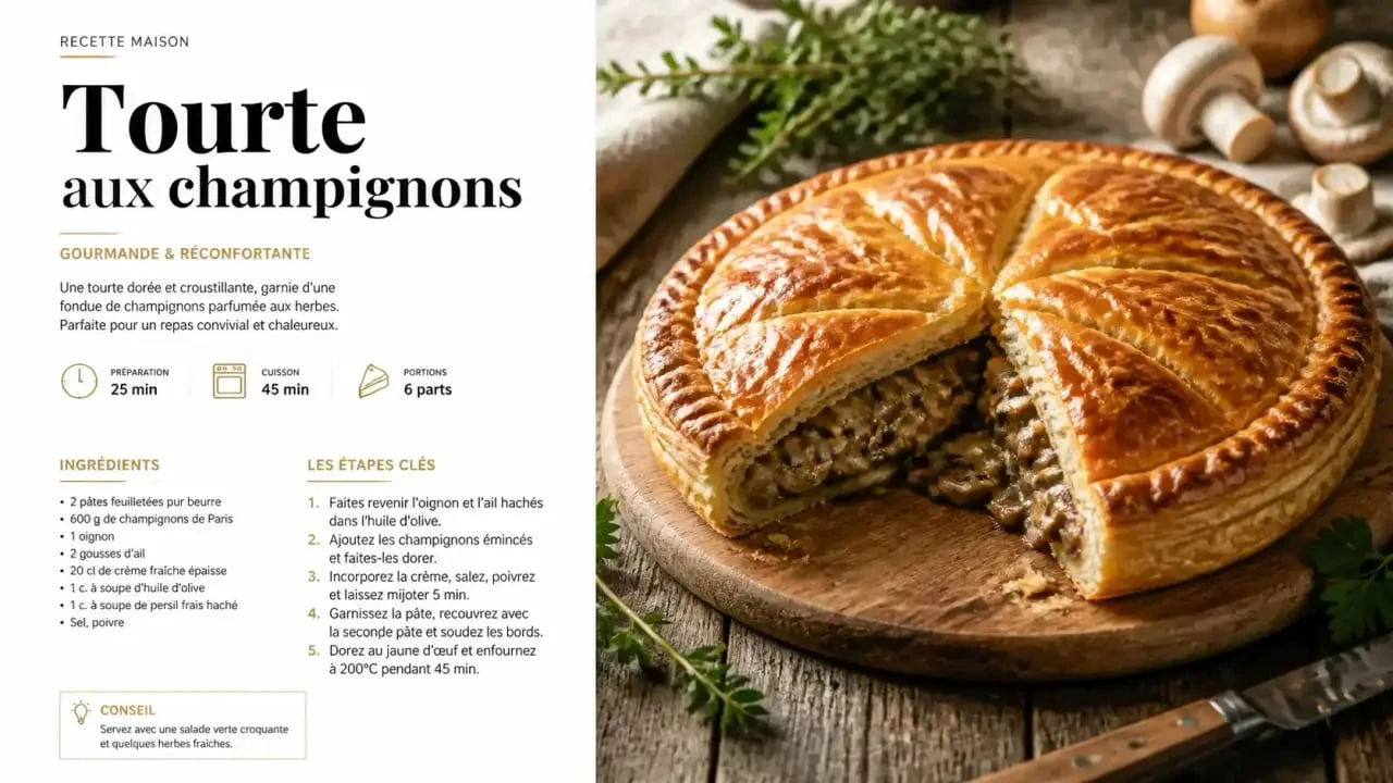 Recette tourte aux champignons dorée et croustillante sur une table rustique