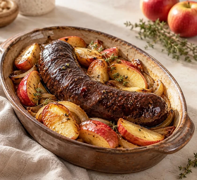 Boudin au pomme au four avec pommes fondantes et oignons confits