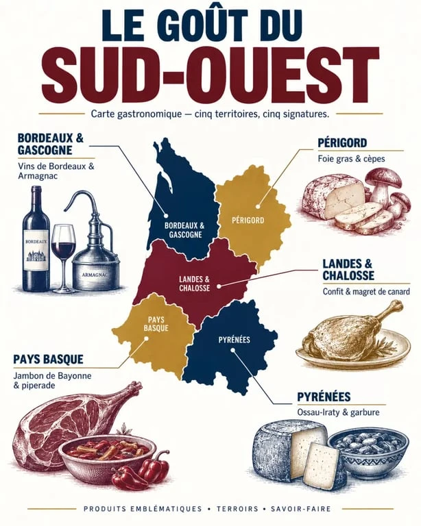 Carte des spécialités sud ouest par terroir : Périgord, Landes, Pays Basque, Pyrénées et Bordeaux
