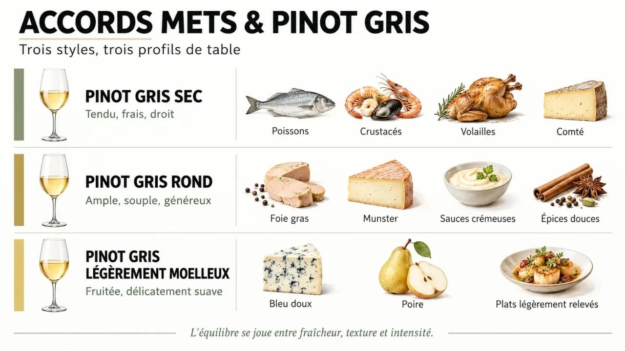 Pinot gris accompagnement : accords entre styles de vin, plats, fromages et épices