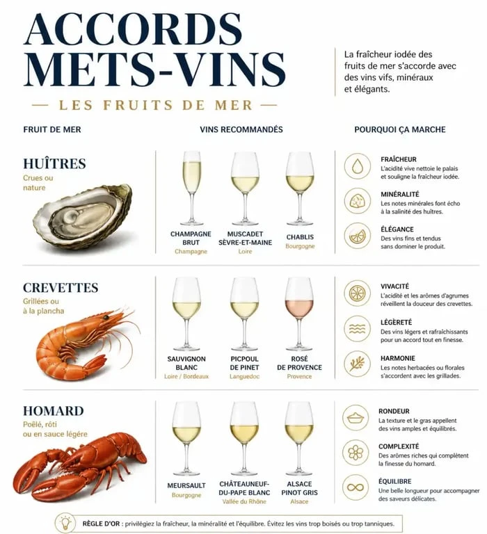 Infographie des meilleurs accords vin et fruits de mer pour choisir quel vin avec des fruits de mer servir