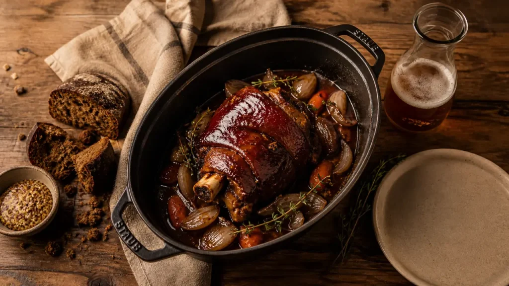 Cuisson douce, légumes fondants, sauce brune : le jambonneau à la bière du Nord