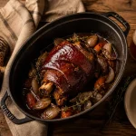 Jambonneau à la bière du nord en cocotte, légumes fondants et sauce brune