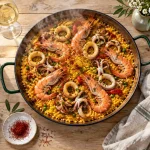 Quel vins avec paella ? Blanc sec avec crevettes et calamars