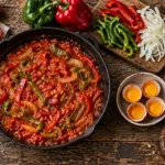 Spécialités sud ouest : piperade basque, œufs, tomates et poivron