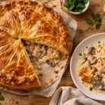 Tourte aux fruits de mer avec sauce épaisse sur pâte feuilletée