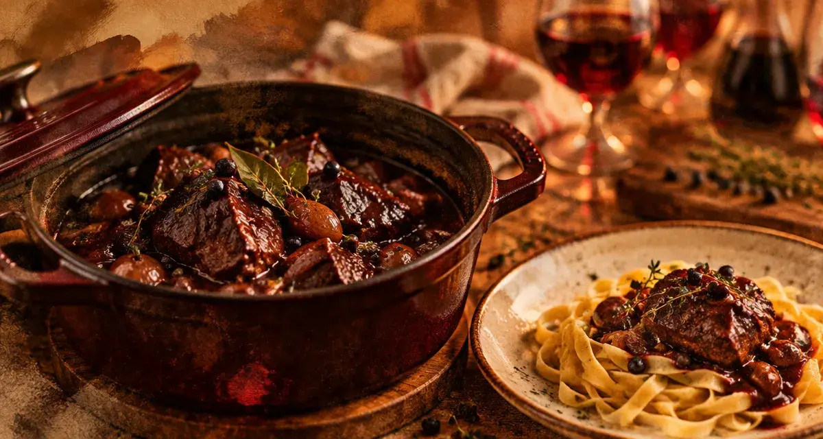 Civet chevreuil en cocotte, sauce au vin rouge