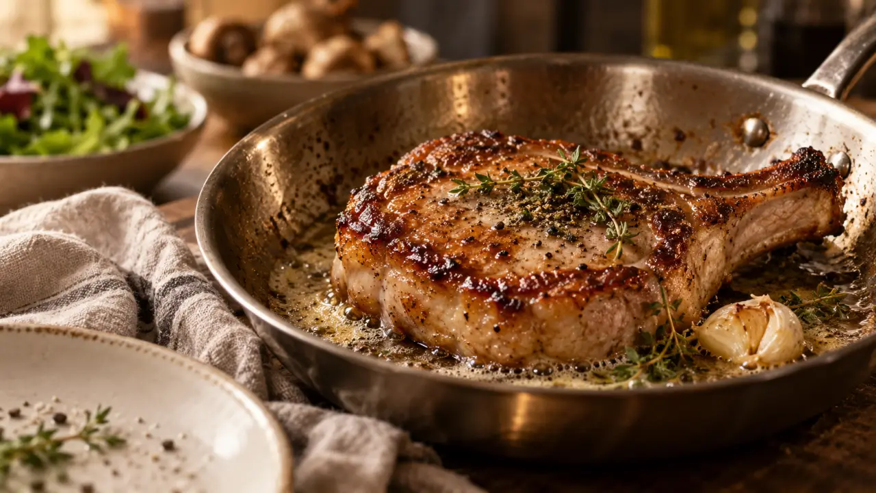 Cote de porc a la poele, croûte dorée au beurre mousseux