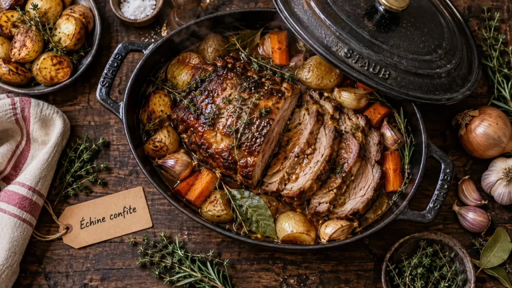 Échine de porc confite : 3 h 30 à 160 °C pour une viande fondante et un jus généreux