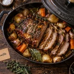 Échine de porc confite tranchée, jus ambré en cocotte en fonte