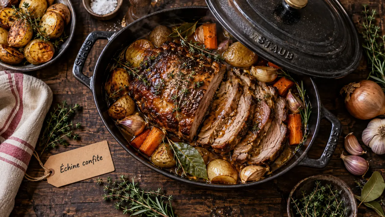 Échine de porc confite tranchée, jus ambré en cocotte en fonte