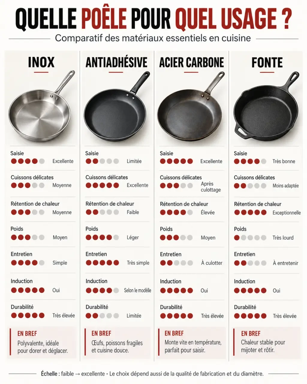 Quelle est la meilleur poele : comparaison entre inox, antiadhésive, acier carbone et fonte