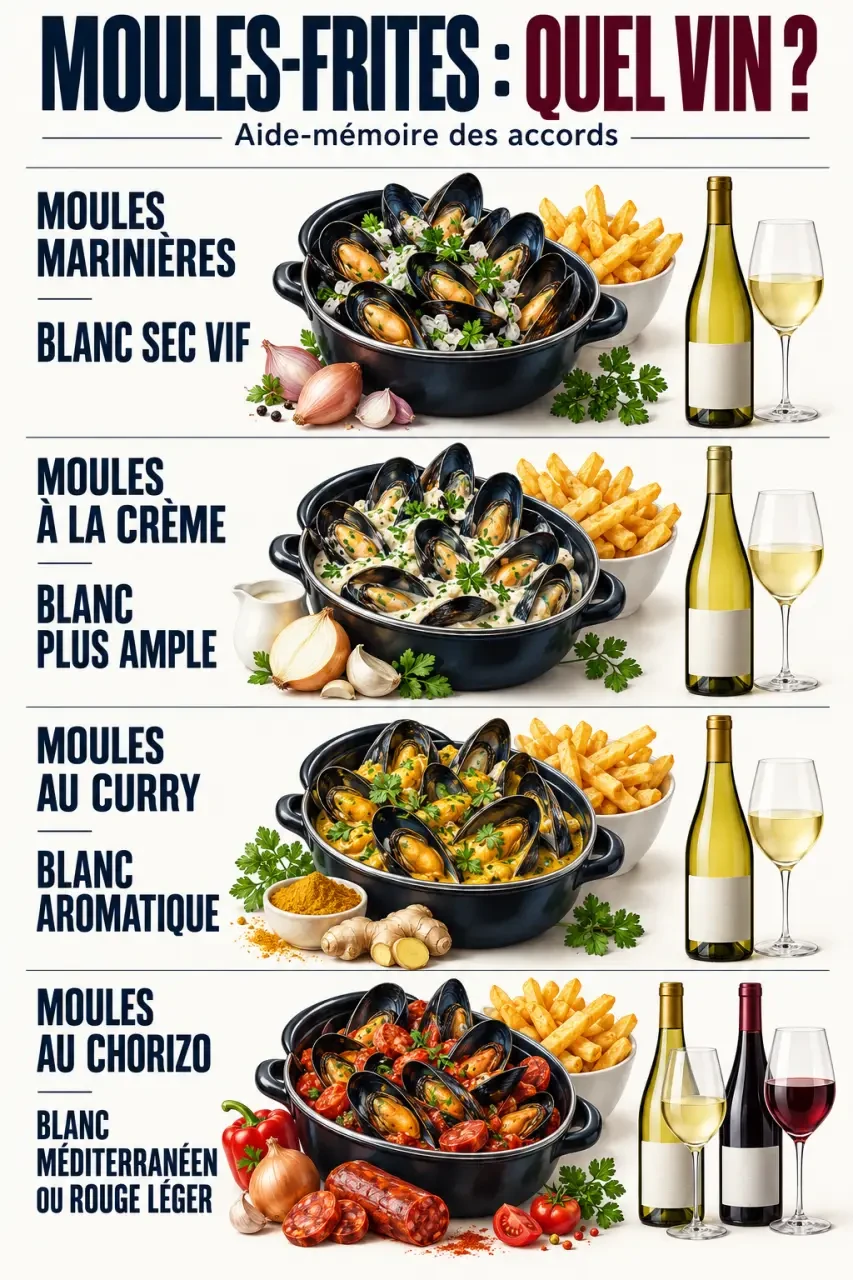 Quelle vin avec moules frites : aide-mémoire visuel des accords selon la recette