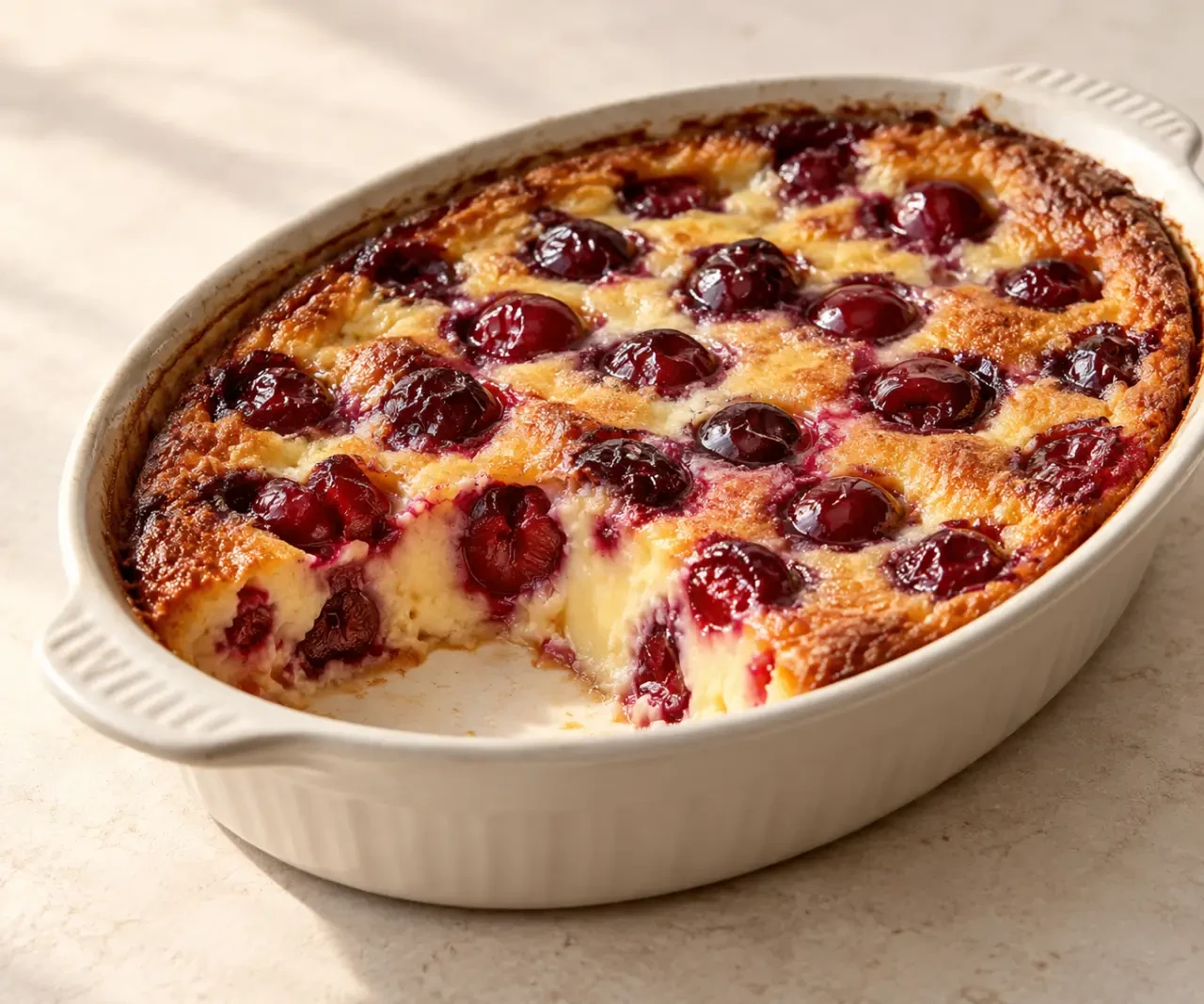 Recette clafoutis gastronomique aux cerises, fondant et légèrement nappé de gelée