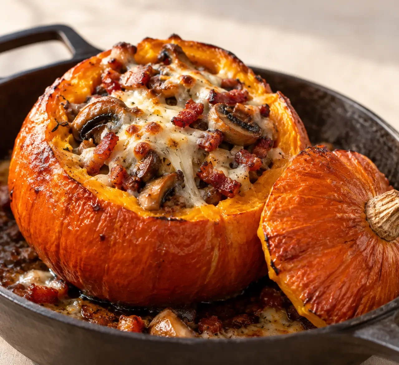 Potimarron au four farci aux champignons, lardons et fromage gratiné