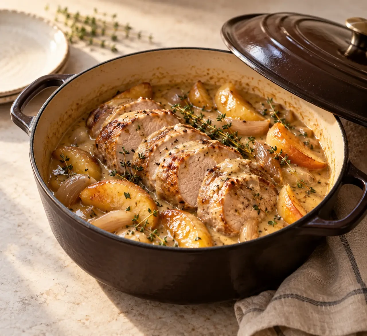 Filet mignon cidre servi avec pommes et sauce crémeuse