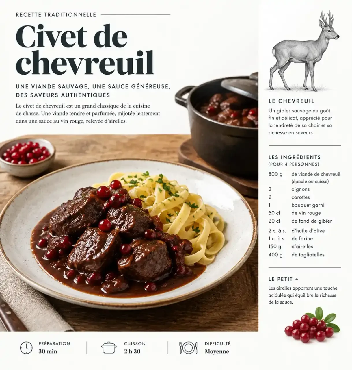 Civet de chevreuil dressé en assiette avec sauce brillante au vin rouge et tagliatelles