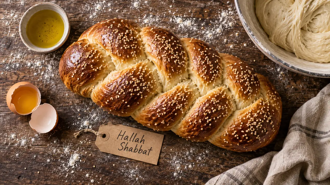 Pain juif hallah tressée moelleuse au sésame, dorée à l’œuf