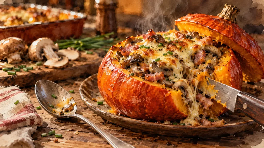 Potimarron au four farci : une chair fondante sous un gratin de champignons et lardons