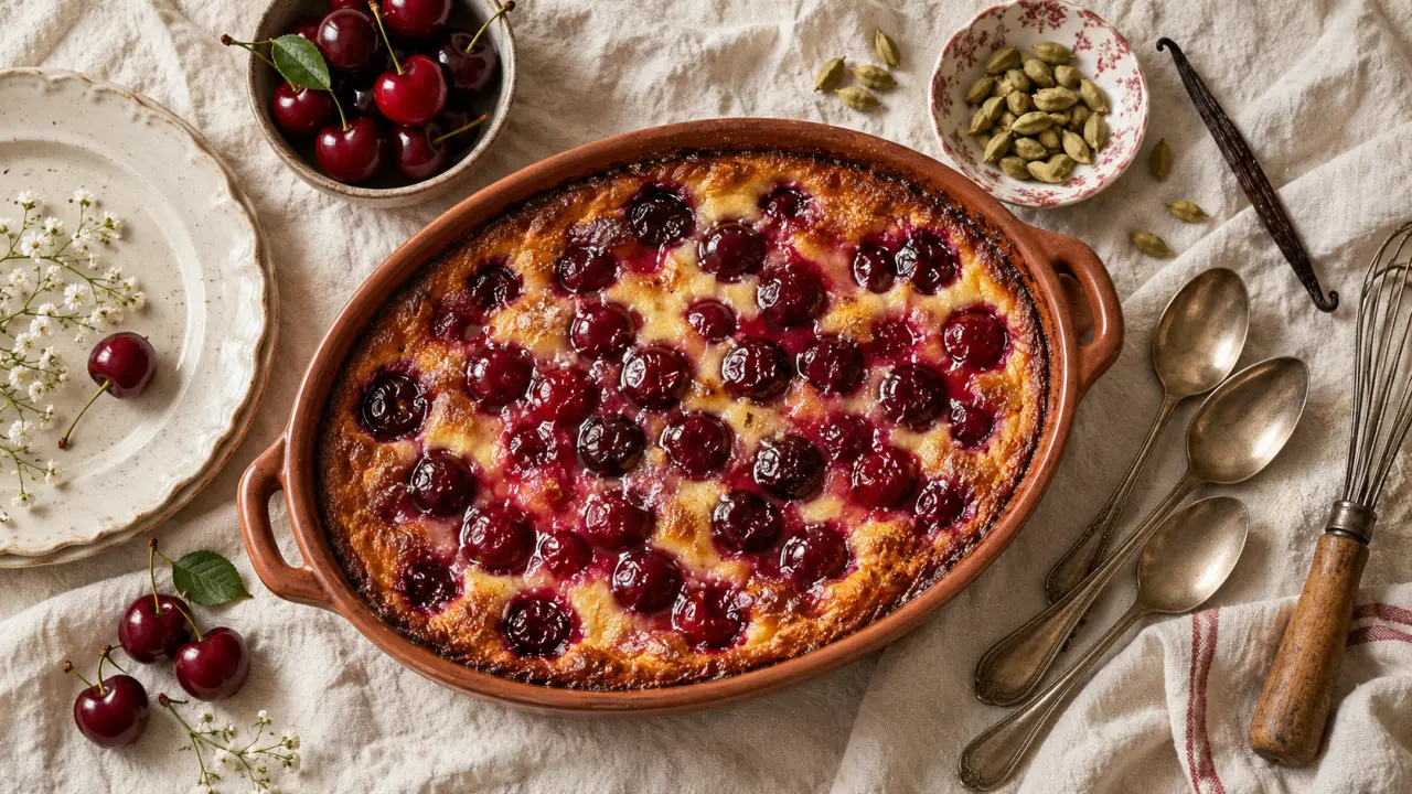 Recette clafoutis gastronomique : clafoutis aux cerises et vanille, vue de dessus.